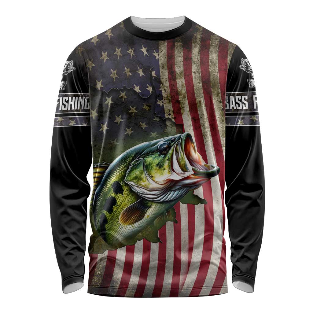 American Flag Largemouth Bass Fishing Long Sleeve Shirt Jumping Fish Graphic and Custom Name Design - Wonder Print Shop