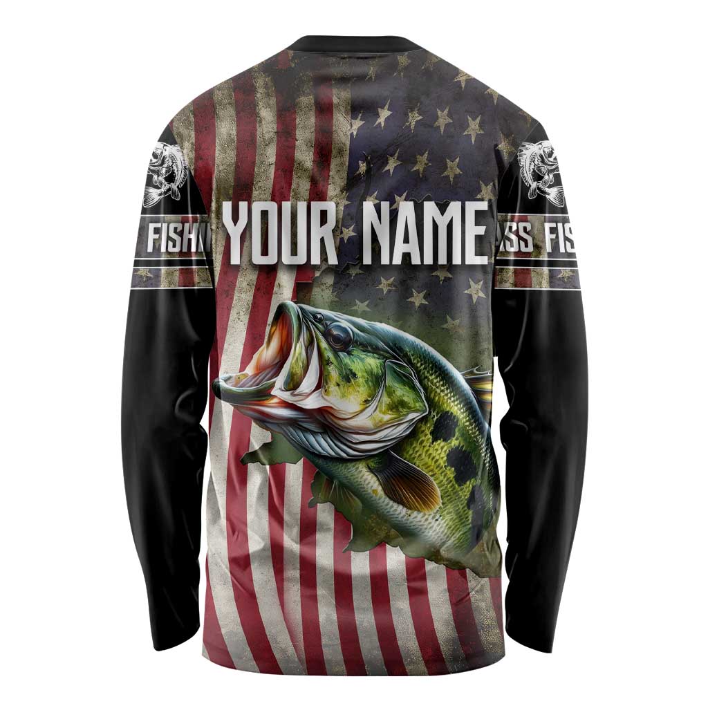 American Flag Largemouth Bass Fishing Long Sleeve Shirt Jumping Fish Graphic and Custom Name Design - Wonder Print Shop