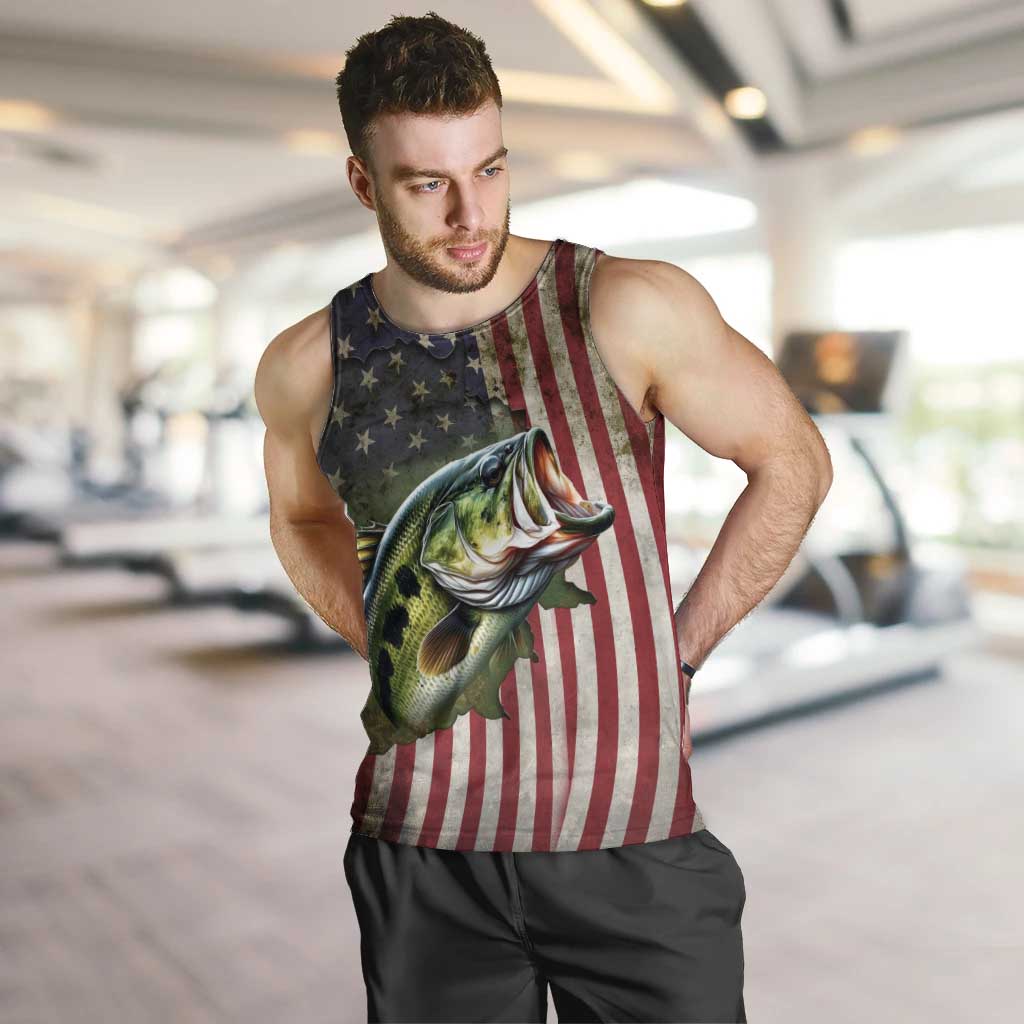 American Flag Largemouth Bass Fishing Men Tank Top Jumping Fish Graphic and Custom Name Design - Wonder Print Shop