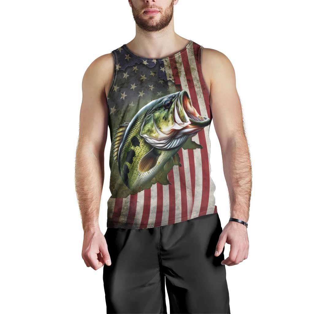 American Flag Largemouth Bass Fishing Men Tank Top Jumping Fish Graphic and Custom Name Design - Wonder Print Shop