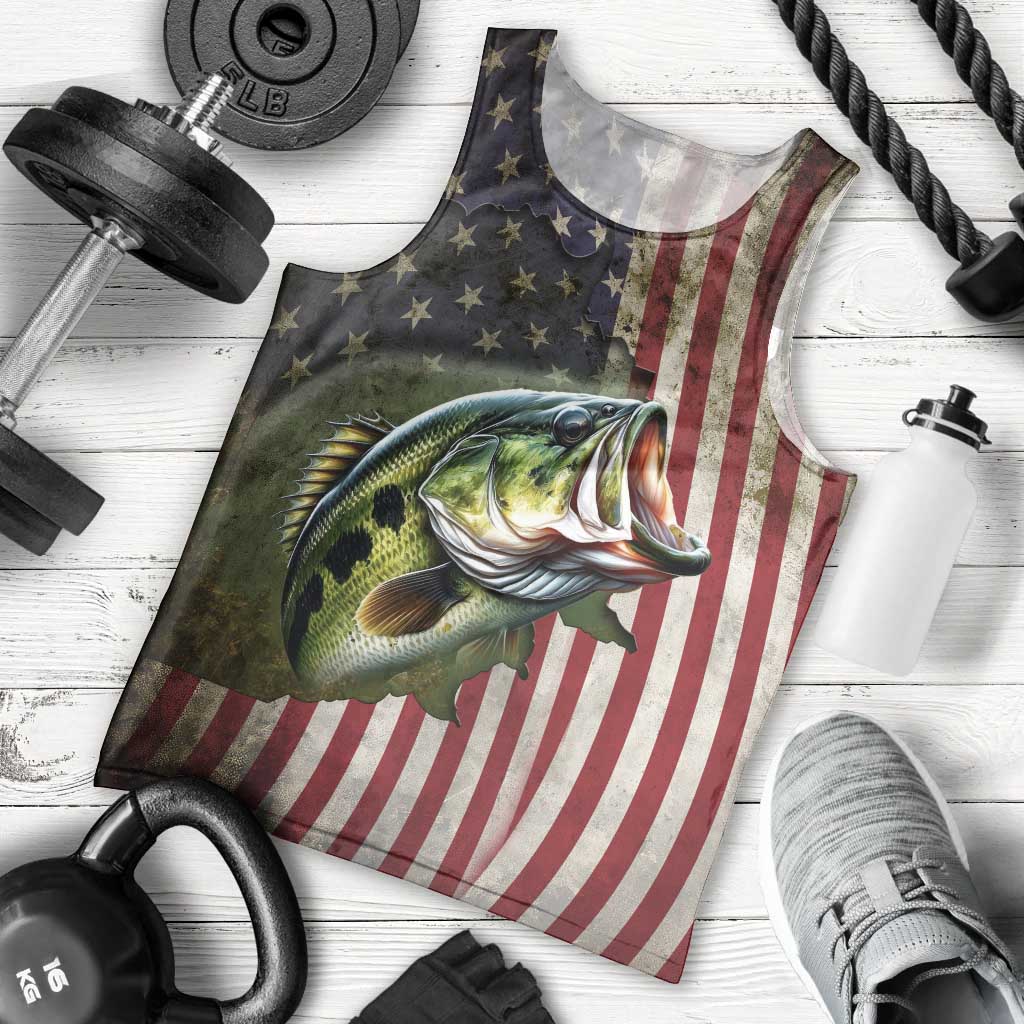 American Flag Largemouth Bass Fishing Men Tank Top Jumping Fish Graphic and Custom Name Design - Wonder Print Shop