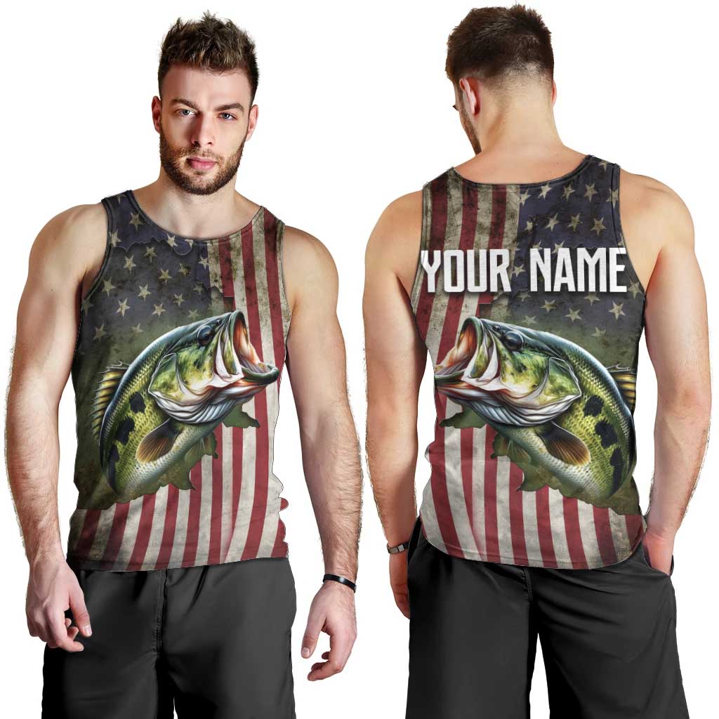 American Flag Largemouth Bass Fishing Men Tank Top Jumping Fish Graphic and Custom Name Design - Wonder Print Shop
