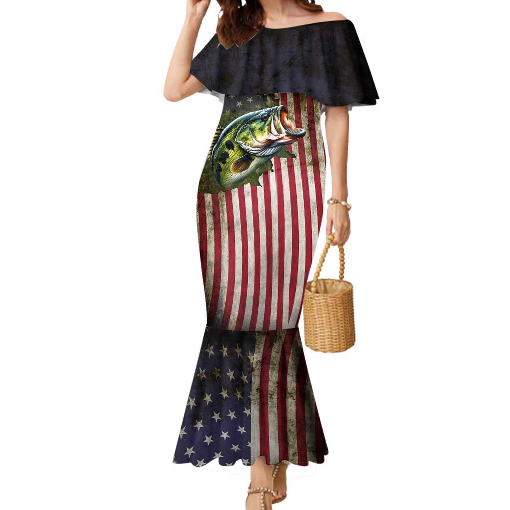 American Flag Largemouth Bass Fishing Mermaid Dress Jumping Fish Graphic and Custom Name Design - Wonder Print Shop