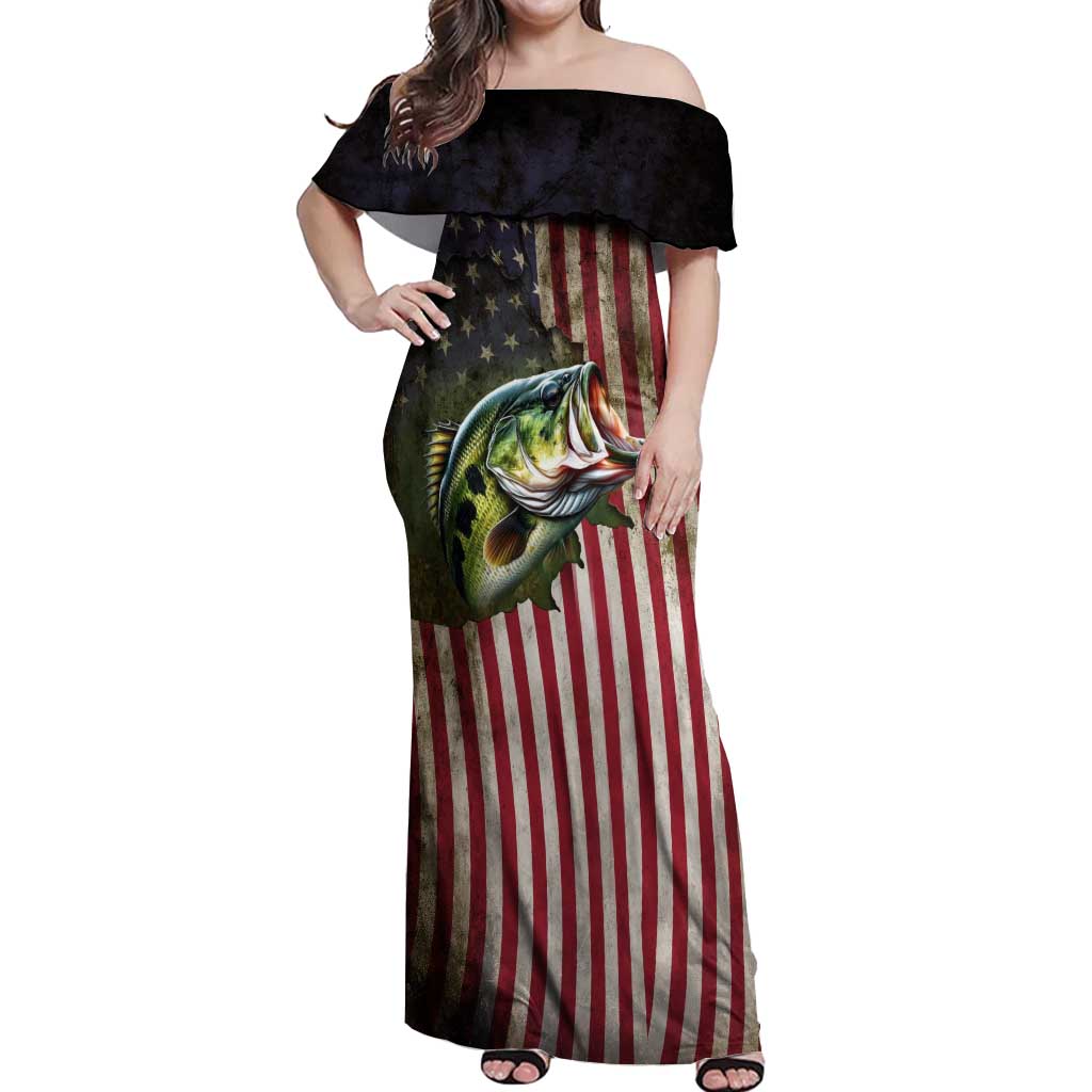 American Flag Largemouth Bass Fishing Off Shoulder Maxi Dress Jumping Fish Graphic and Custom Name Design - Wonder Print Shop