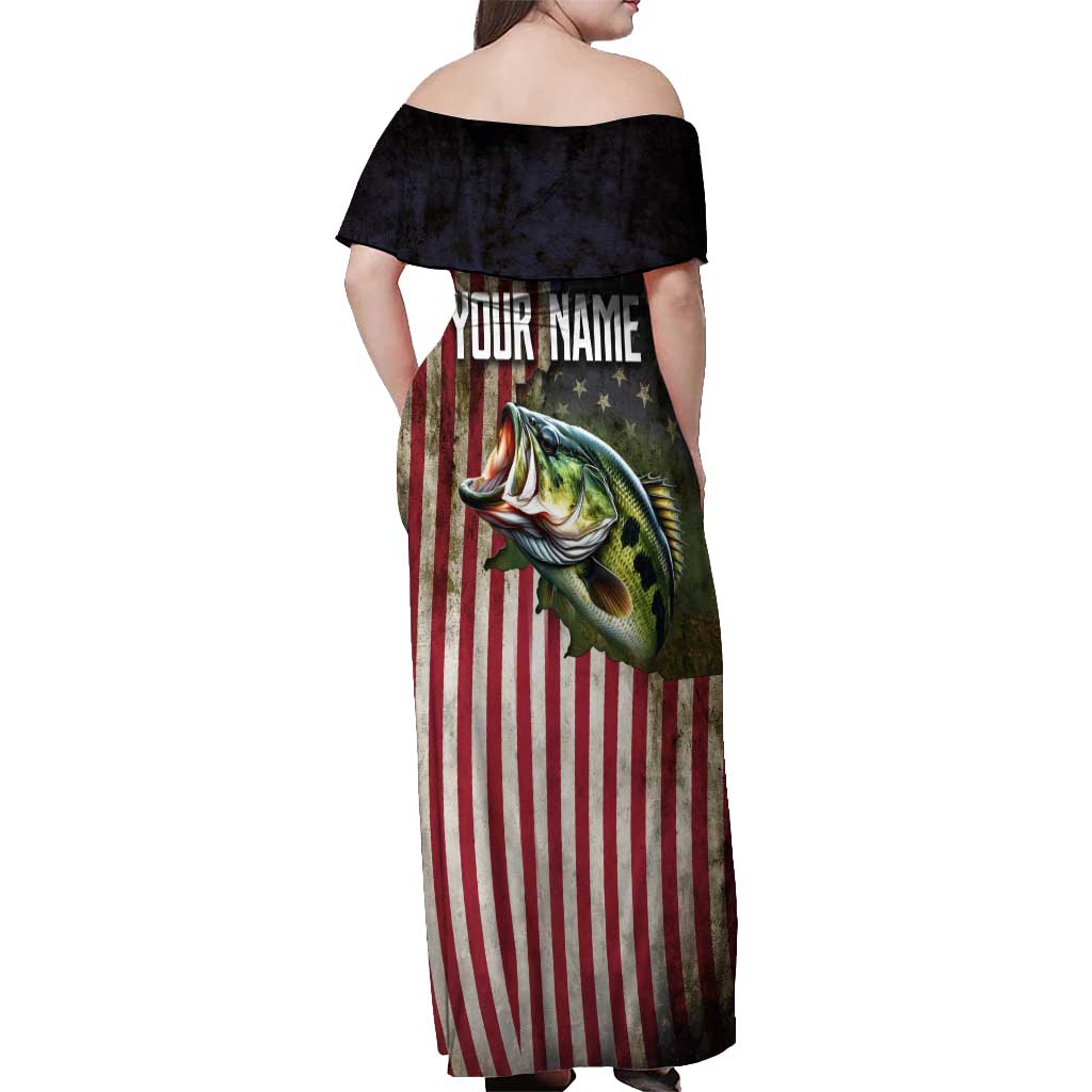 American Flag Largemouth Bass Fishing Off Shoulder Maxi Dress Jumping Fish Graphic and Custom Name Design - Wonder Print Shop