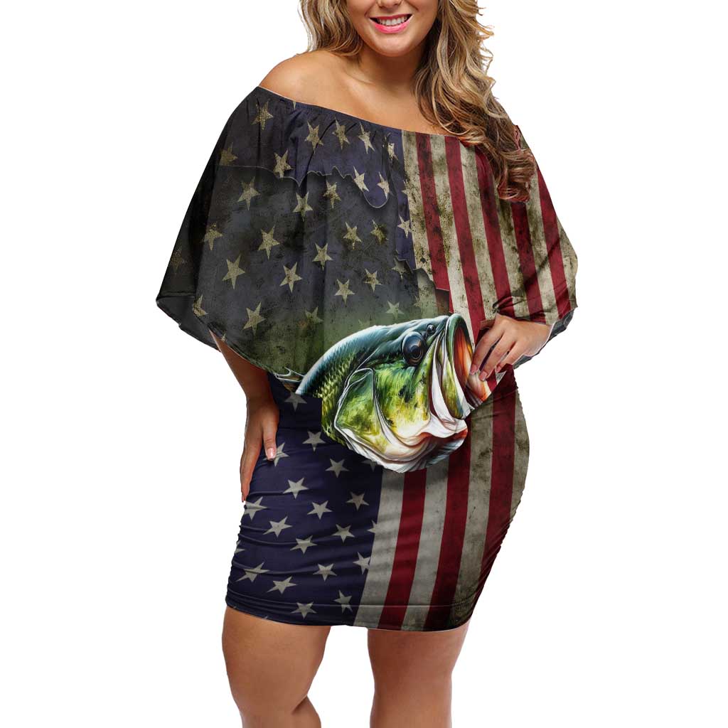 American Flag Largemouth Bass Fishing Off Shoulder Short Dress Jumping Fish Graphic and Custom Name Design - Wonder Print Shop