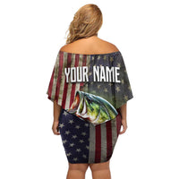 American Flag Largemouth Bass Fishing Off Shoulder Short Dress Jumping Fish Graphic and Custom Name Design - Wonder Print Shop