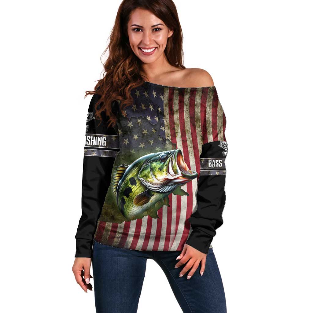 American Flag Largemouth Bass Fishing Off Shoulder Sweater Jumping Fish Graphic and Custom Name Design - Wonder Print Shop