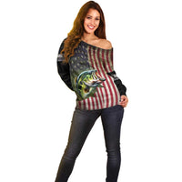 American Flag Largemouth Bass Fishing Off Shoulder Sweater Jumping Fish Graphic and Custom Name Design - Wonder Print Shop