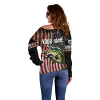 American Flag Largemouth Bass Fishing Off Shoulder Sweater Jumping Fish Graphic and Custom Name Design - Wonder Print Shop