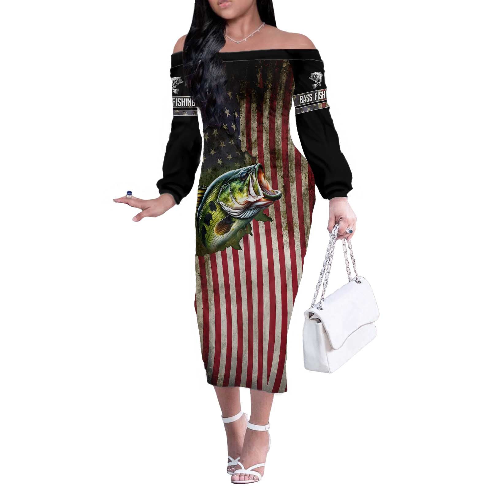 American Flag Largemouth Bass Fishing Off The Shoulder Long Sleeve Dress Jumping Fish Graphic and Custom Name Design - Wonder Print Shop