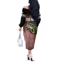 American Flag Largemouth Bass Fishing Off The Shoulder Long Sleeve Dress Jumping Fish Graphic and Custom Name Design - Wonder Print Shop