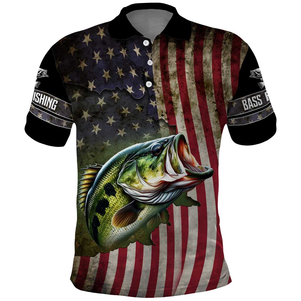 American Flag Largemouth Bass Fishing Polo Shirt Jumping Fish Graphic and Custom Name Design - Wonder Print Shop
