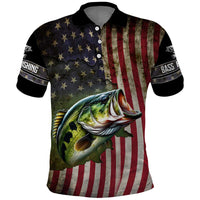 American Flag Largemouth Bass Fishing Polo Shirt Jumping Fish Graphic and Custom Name Design - Wonder Print Shop