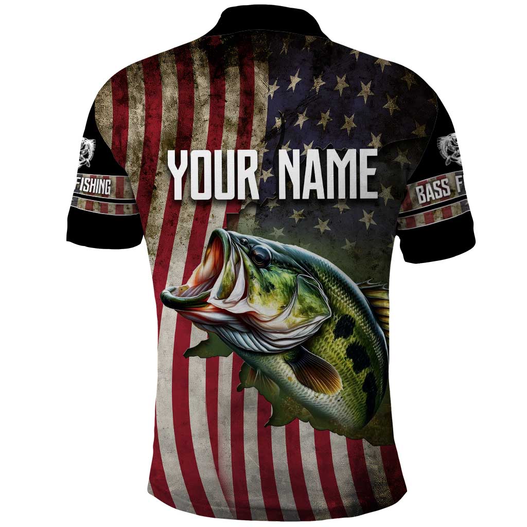 American Flag Largemouth Bass Fishing Polo Shirt Jumping Fish Graphic and Custom Name Design - Wonder Print Shop