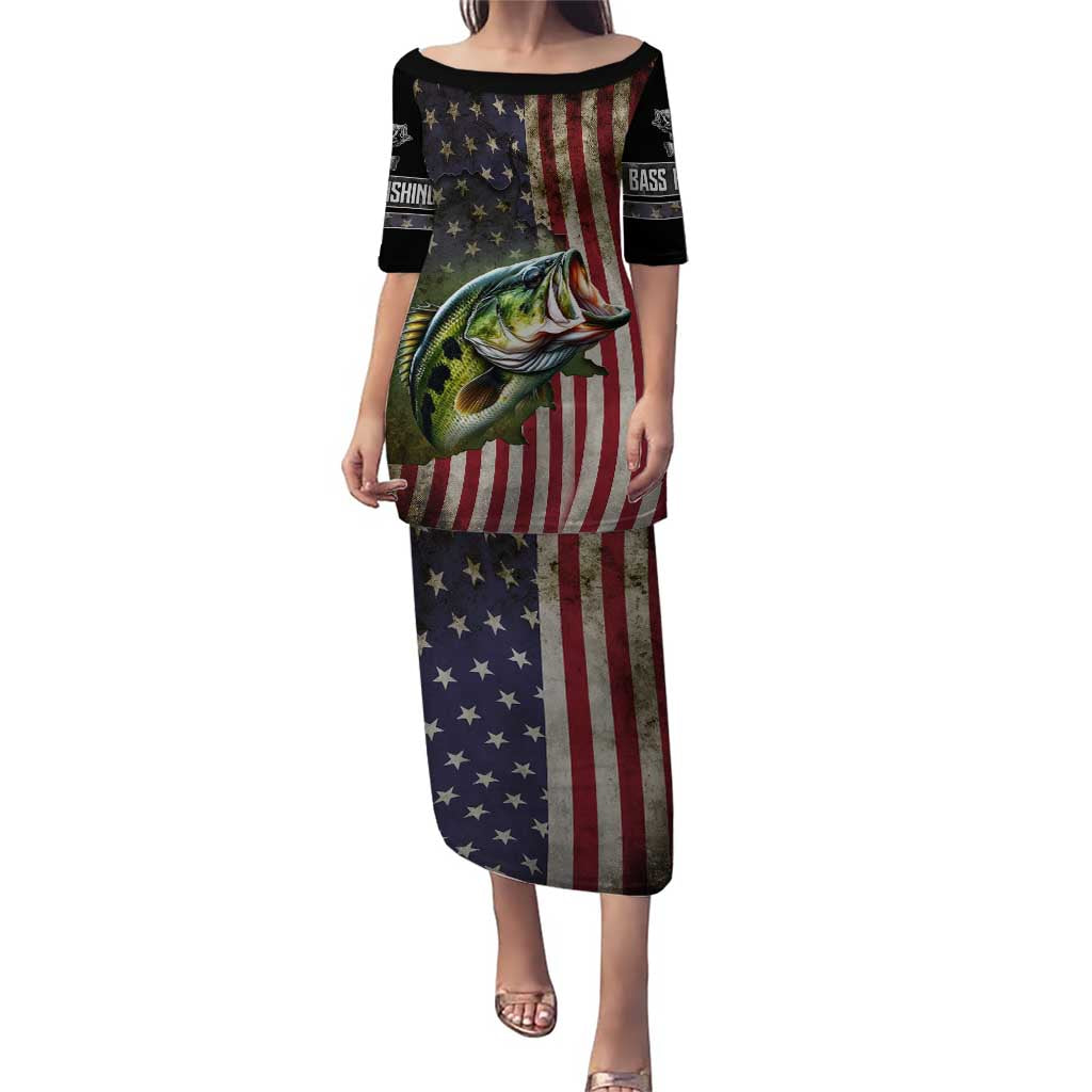 American Flag Largemouth Bass Fishing Puletasi Jumping Fish Graphic and Custom Name Design - Wonder Print Shop