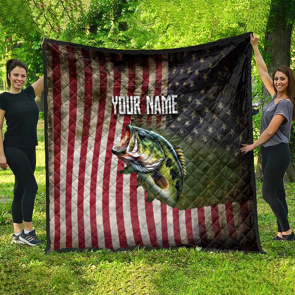 American Flag Largemouth Bass Fishing Quilt Jumping Fish Graphic and Custom Name Design - Wonder Print Shop