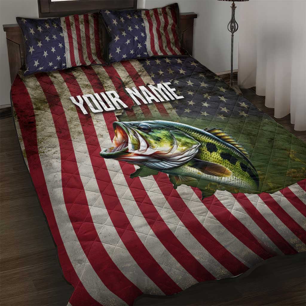 American Flag Largemouth Bass Fishing Quilt Bed Set Jumping Fish Graphic and Custom Name Design - Wonder Print Shop