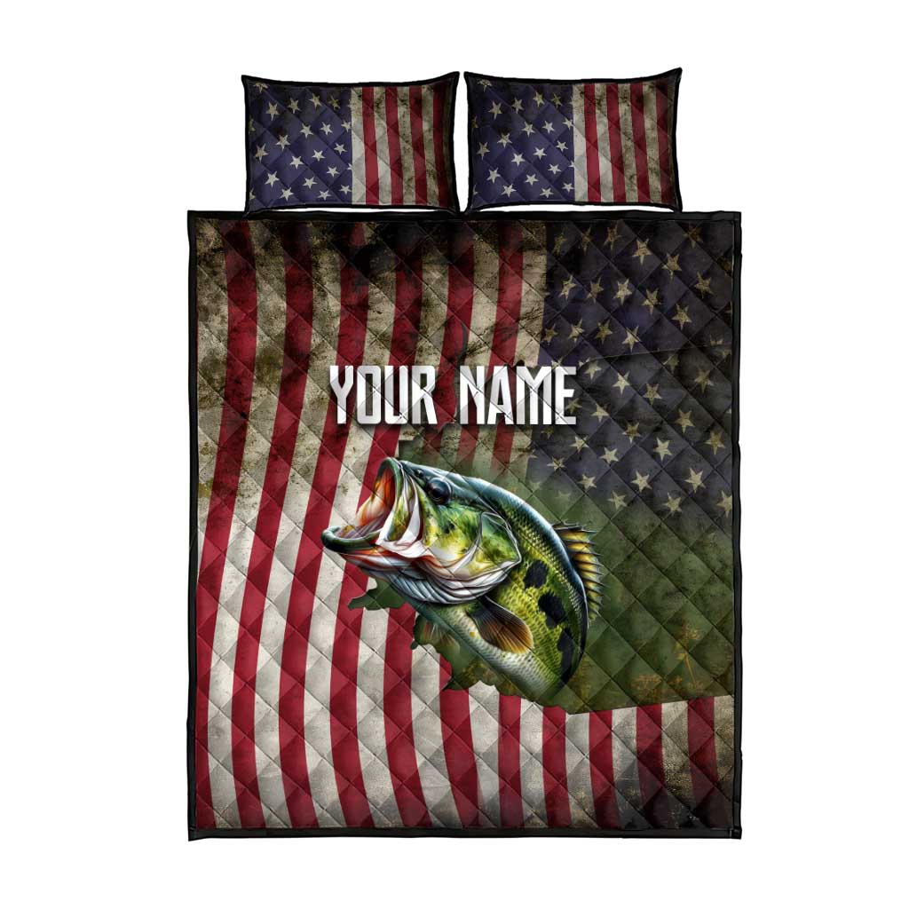 American Flag Largemouth Bass Fishing Quilt Bed Set Jumping Fish Graphic and Custom Name Design - Wonder Print Shop