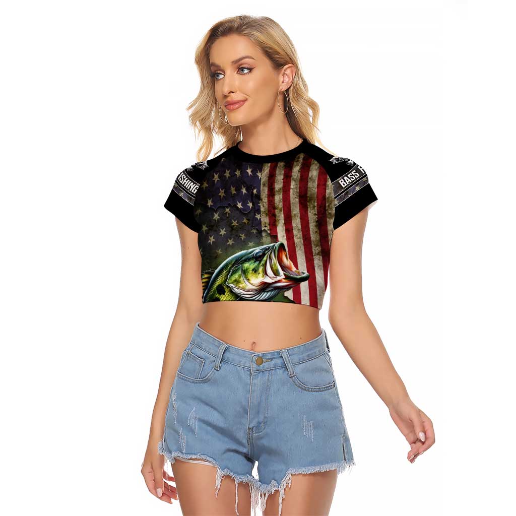 American Flag Largemouth Bass Fishing Raglan Cropped T Shirt Jumping Fish Graphic and Custom Name Design - Wonder Print Shop
