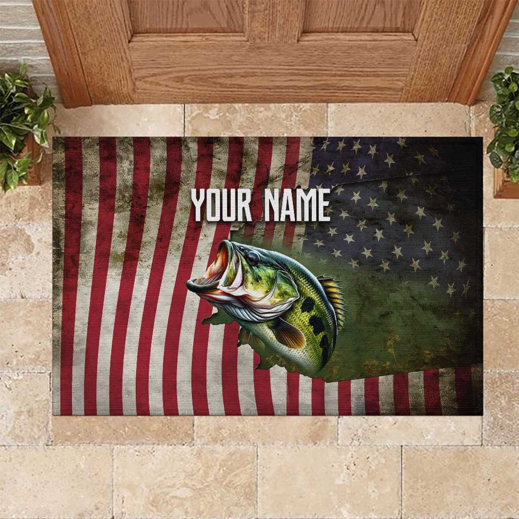 American Flag Largemouth Bass Fishing Rubber Doormat Jumping Fish Graphic and Custom Name Design - Wonder Print Shop