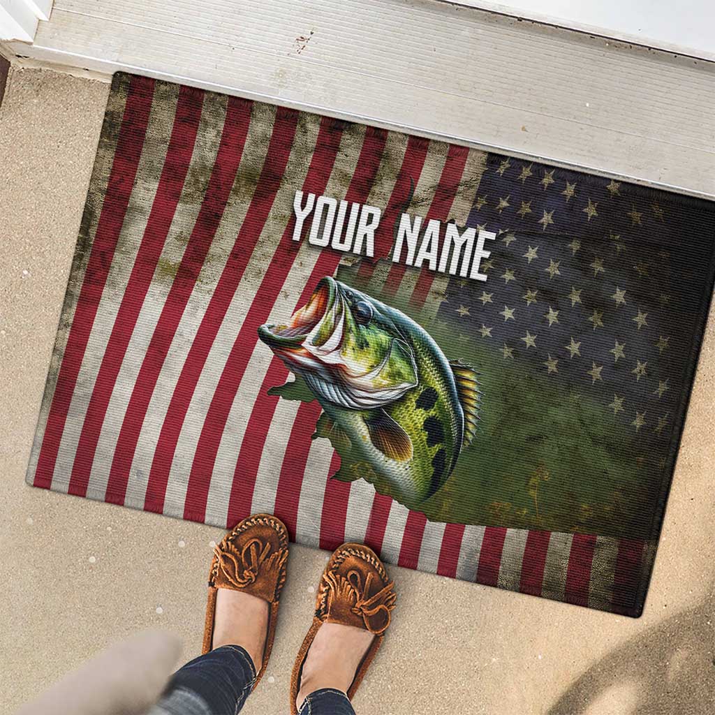 American Flag Largemouth Bass Fishing Rubber Doormat Jumping Fish Graphic and Custom Name Design - Wonder Print Shop