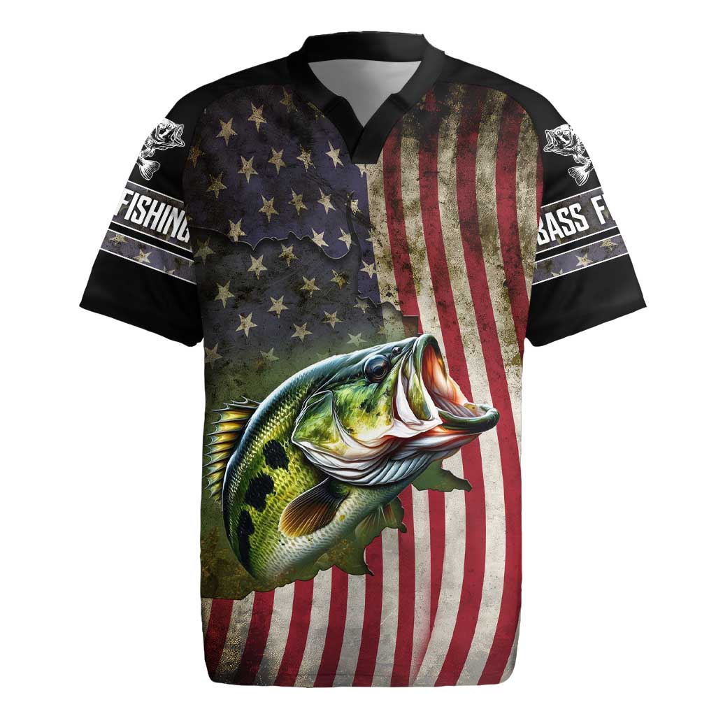 American Flag Largemouth Bass Fishing Rugby Jersey Jumping Fish Graphic and Custom Name Design - Wonder Print Shop
