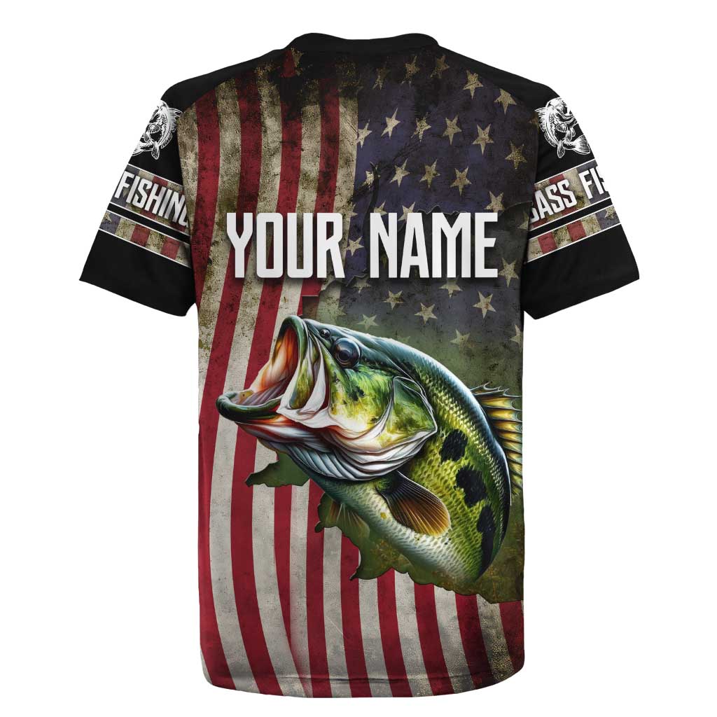 American Flag Largemouth Bass Fishing Rugby Jersey Jumping Fish Graphic and Custom Name Design - Wonder Print Shop