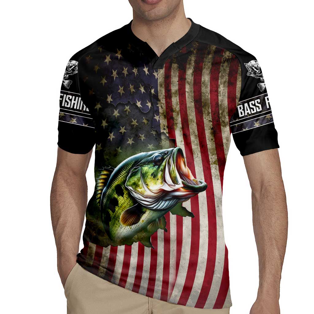 American Flag Largemouth Bass Fishing Rugby Jersey Jumping Fish Graphic and Custom Name Design - Wonder Print Shop