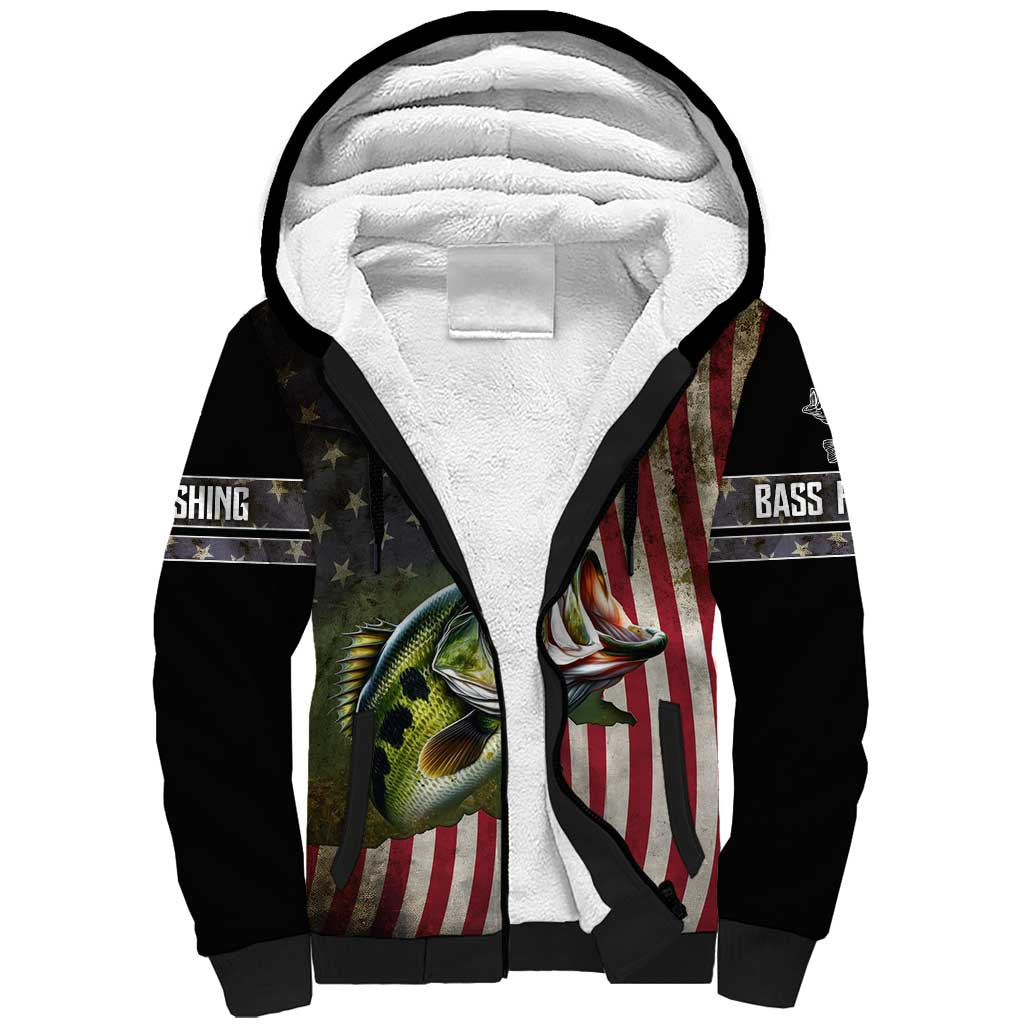 American Flag Largemouth Bass Fishing Sherpa Hoodie Jumping Fish Graphic and Custom Name Design - Wonder Print Shop