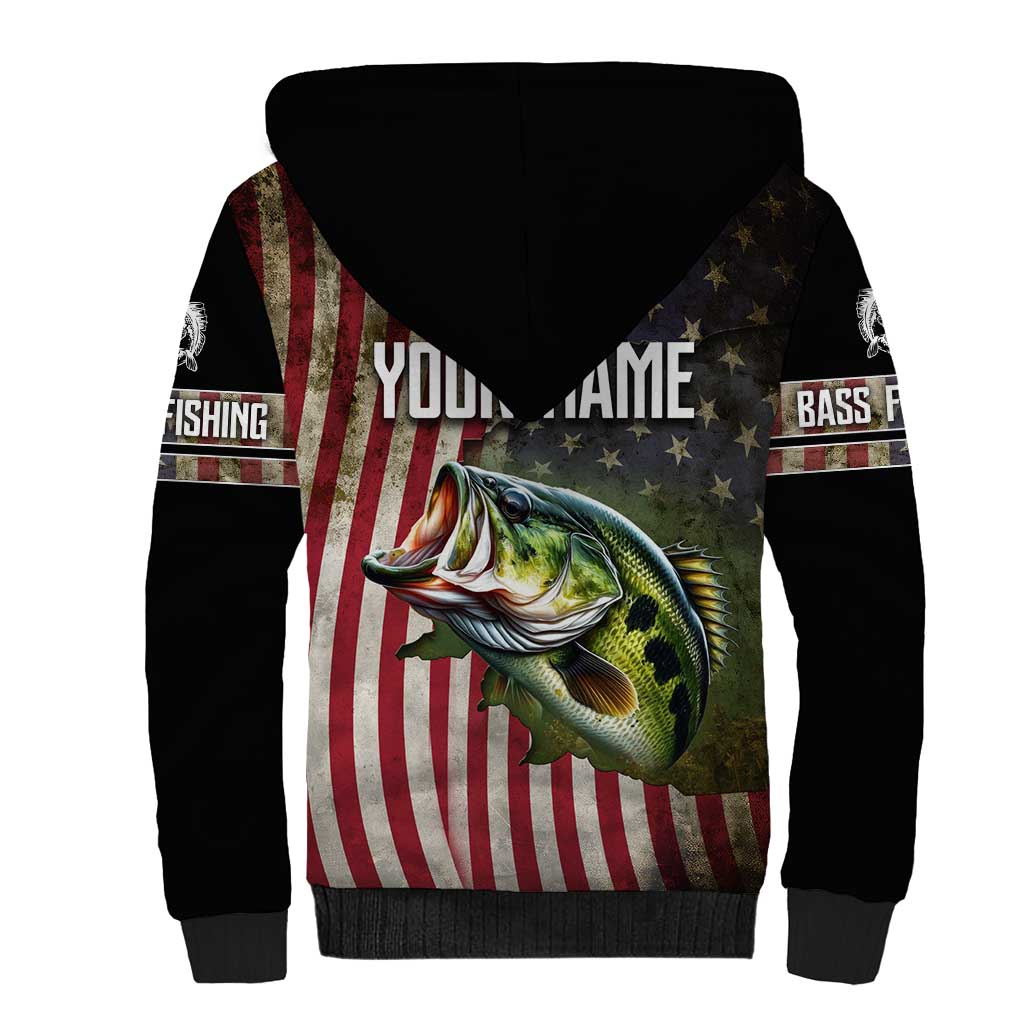 American Flag Largemouth Bass Fishing Sherpa Hoodie Jumping Fish Graphic and Custom Name Design - Wonder Print Shop