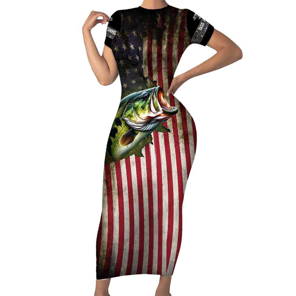 American Flag Largemouth Bass Fishing Short Sleeve Bodycon Dress Jumping Fish Graphic and Custom Name Design - Wonder Print Shop