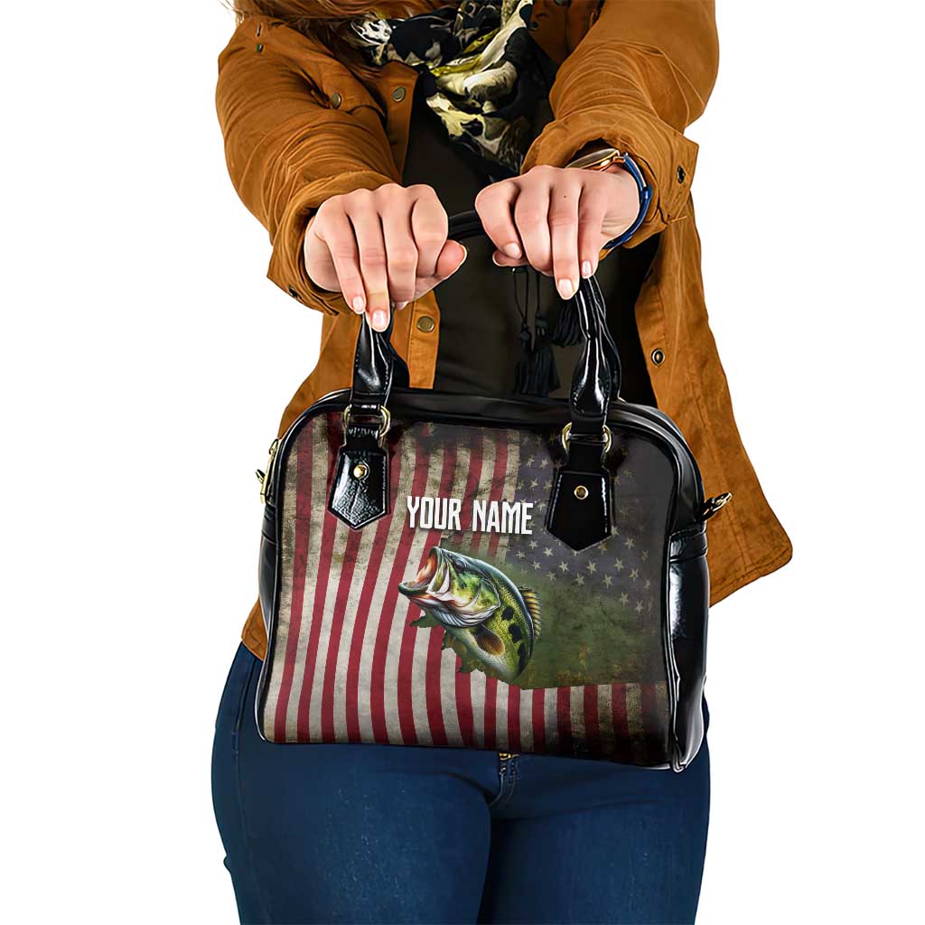 American Flag Largemouth Bass Fishing Shoulder Handbag Jumping Fish Graphic and Custom Name Design - Wonder Print Shop