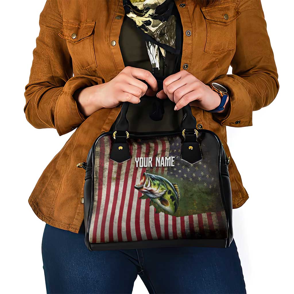 American Flag Largemouth Bass Fishing Shoulder Handbag Jumping Fish Graphic and Custom Name Design - Wonder Print Shop