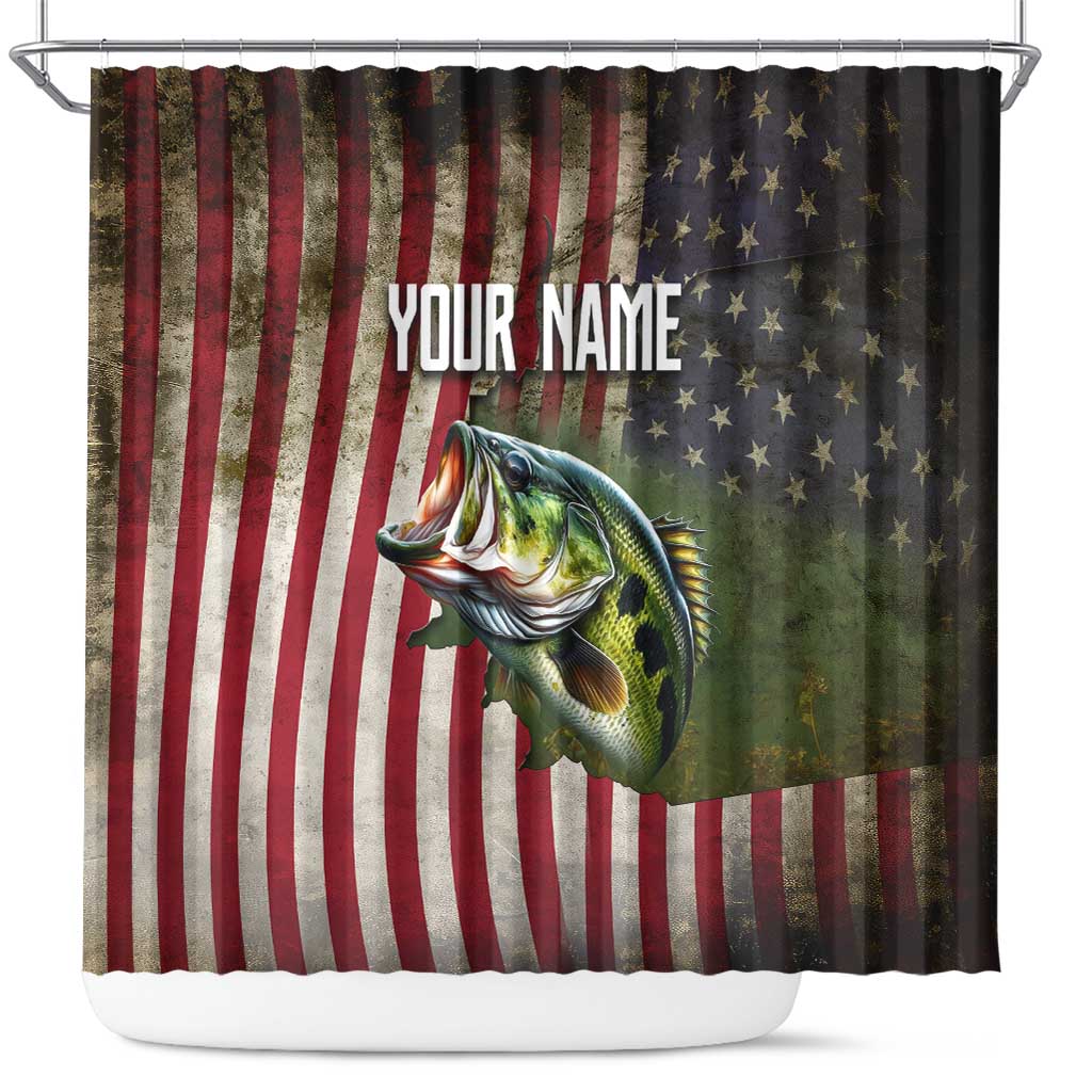 American Flag Largemouth Bass Fishing Shower Curtain Jumping Fish Graphic and Custom Name Design - Wonder Print Shop