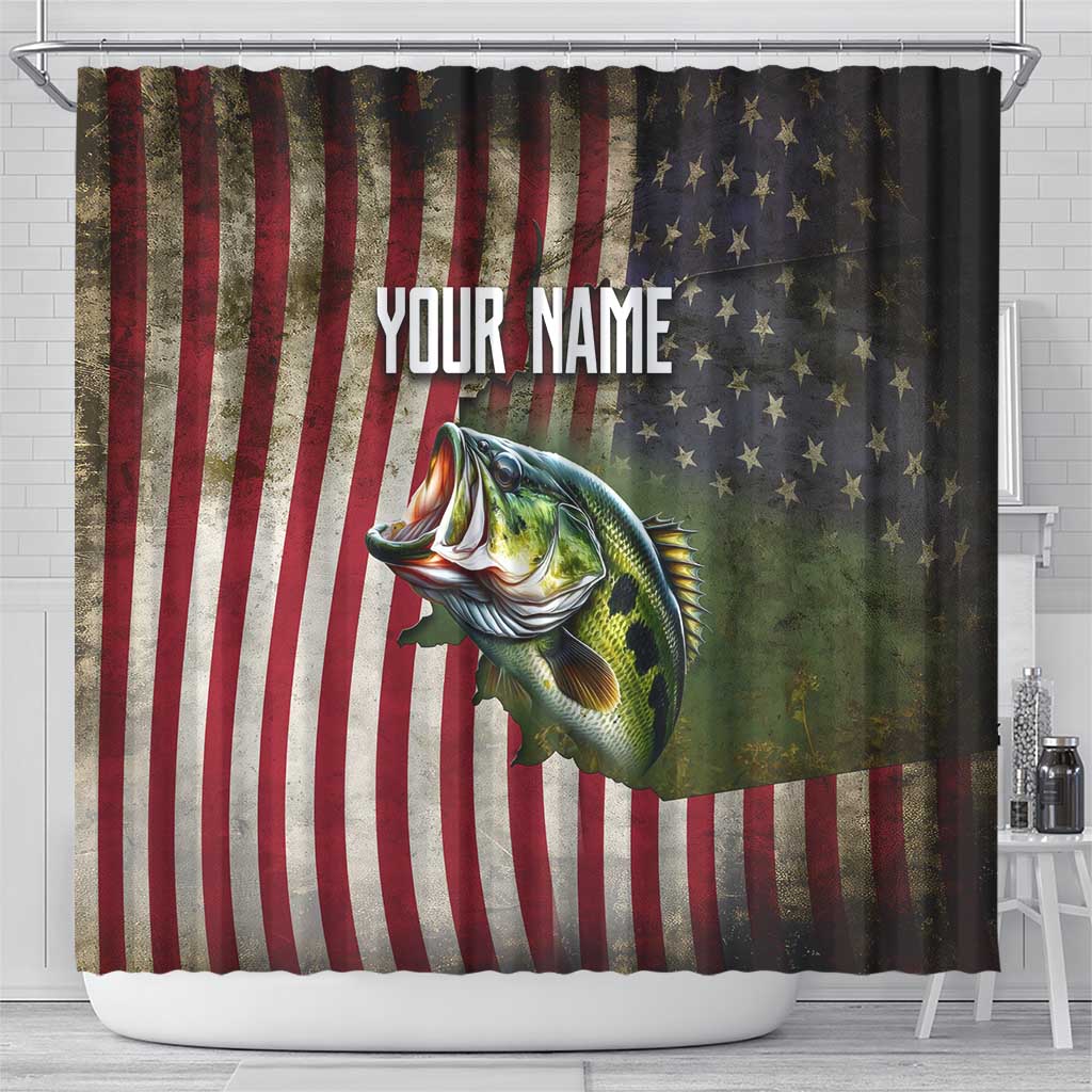 American Flag Largemouth Bass Fishing Shower Curtain Jumping Fish Graphic and Custom Name Design - Wonder Print Shop