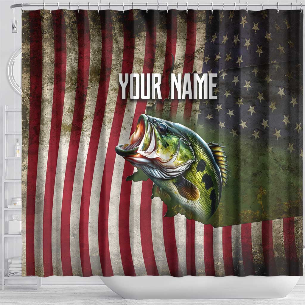 American Flag Largemouth Bass Fishing Shower Curtain Jumping Fish Graphic and Custom Name Design - Wonder Print Shop