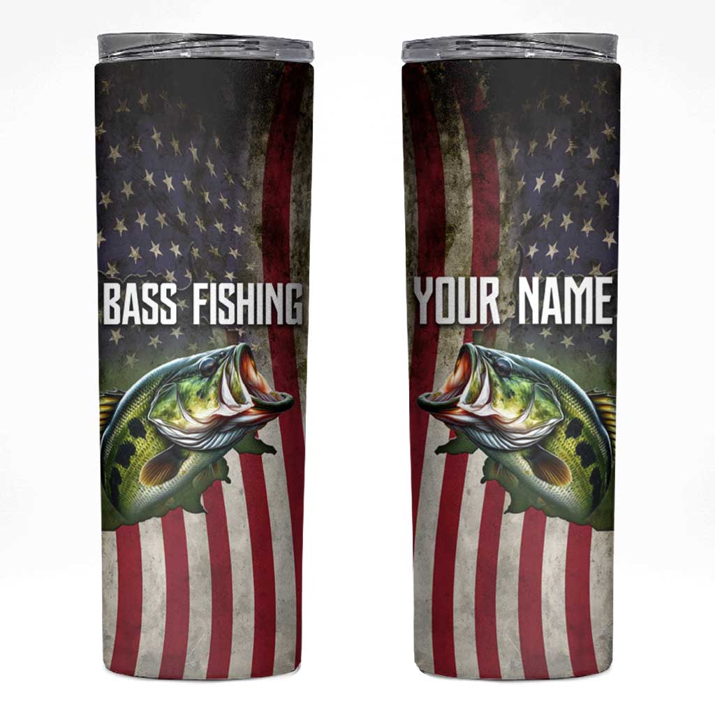 American Flag Largemouth Bass Fishing Skinny Tumbler Jumping Fish Graphic and Custom Name Design - Wonder Print Shop