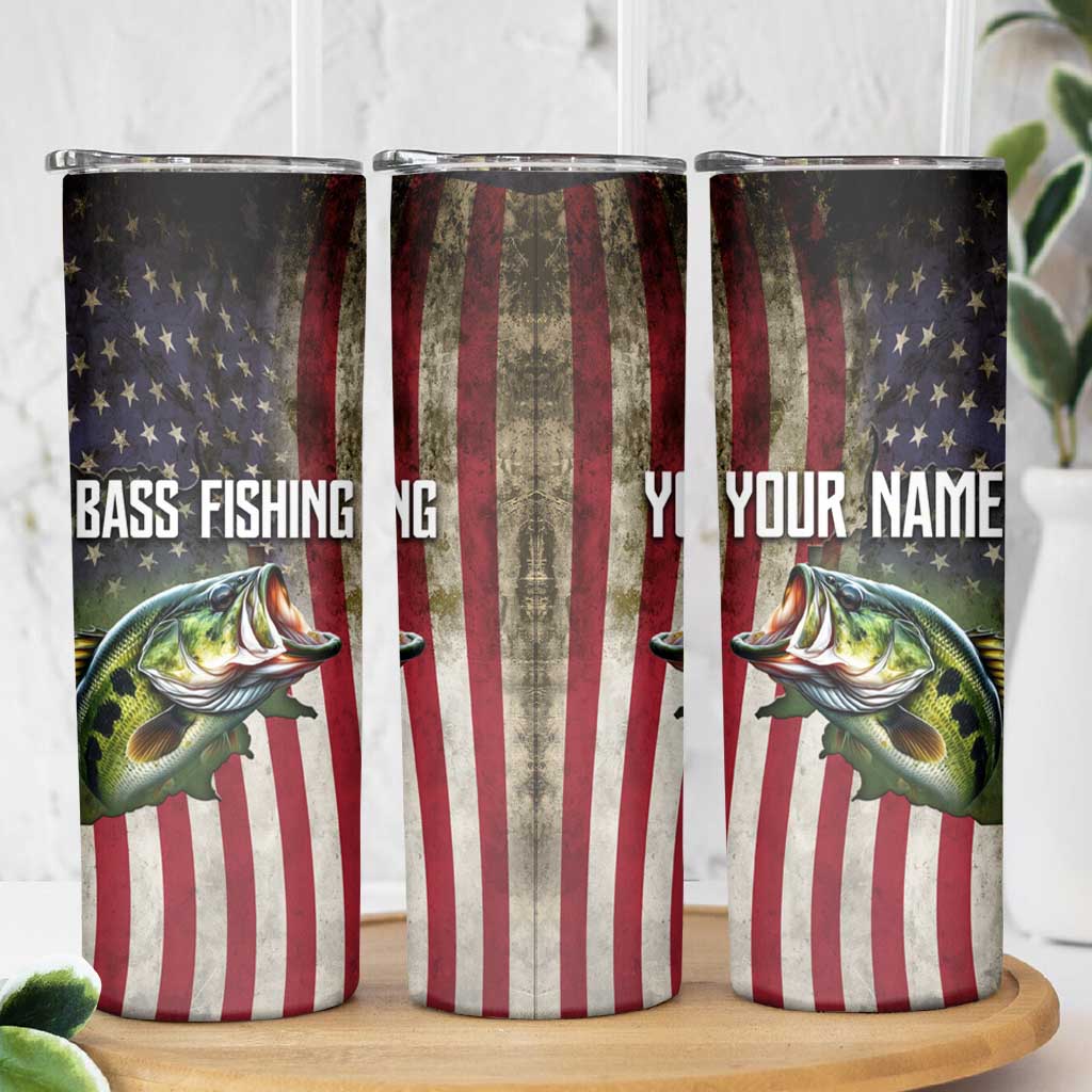American Flag Largemouth Bass Fishing Skinny Tumbler Jumping Fish Graphic and Custom Name Design - Wonder Print Shop