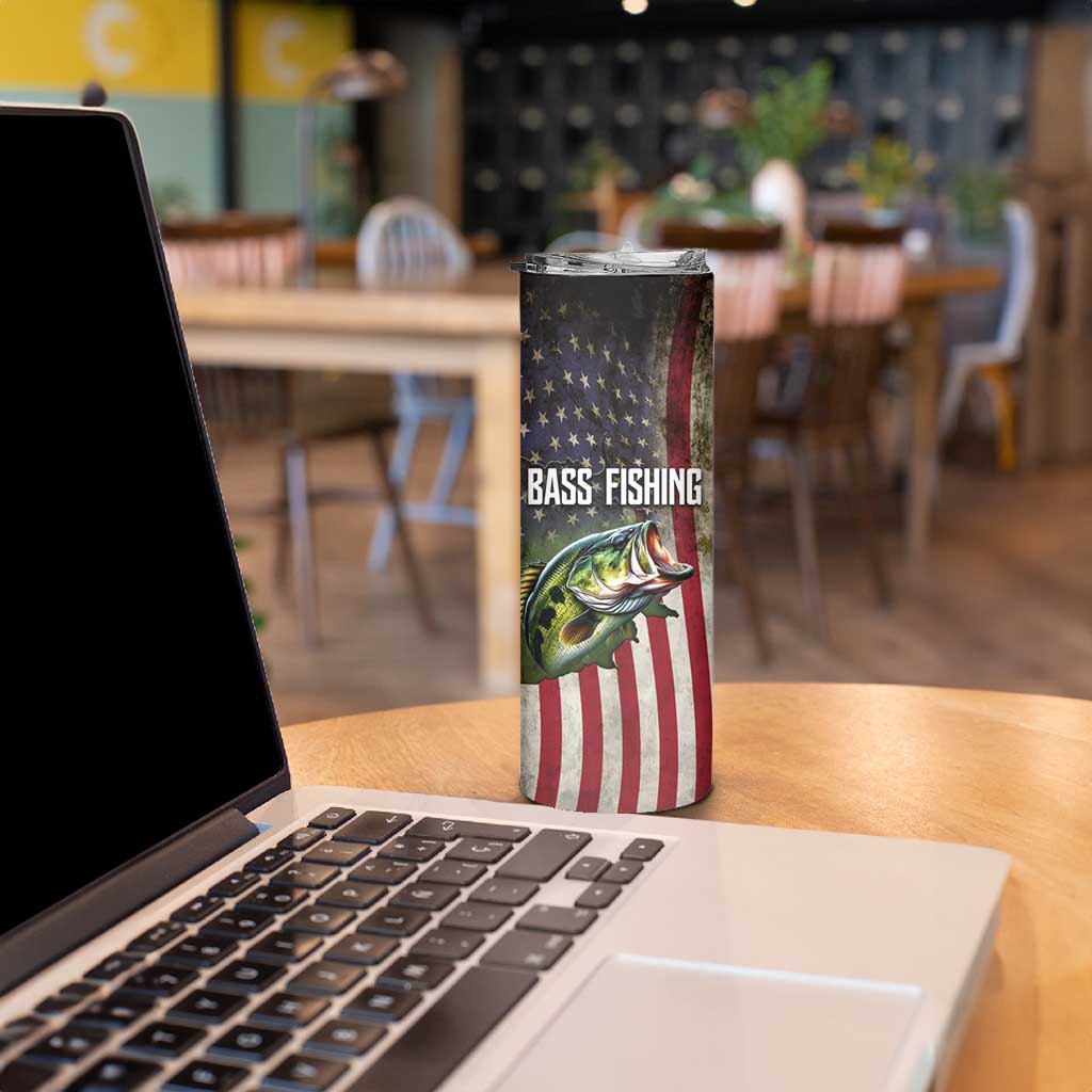 American Flag Largemouth Bass Fishing Skinny Tumbler Jumping Fish Graphic and Custom Name Design - Wonder Print Shop