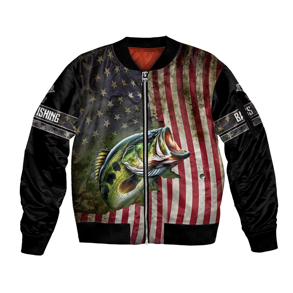 American Flag Largemouth Bass Fishing Sleeve Zip Bomber Jacket Jumping Fish Graphic and Custom Name Design - Wonder Print Shop