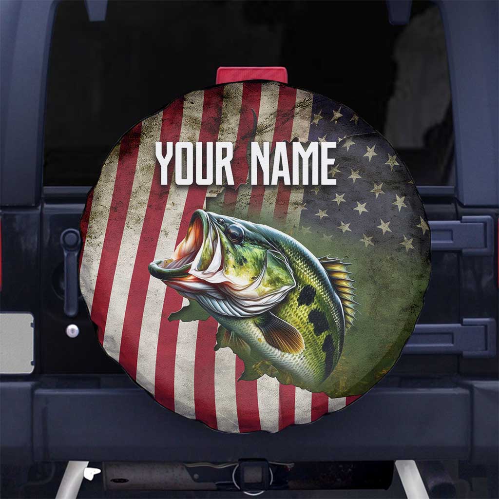 American Flag Largemouth Bass Fishing Spare Tire Cover Jumping Fish Graphic and Custom Name Design - Wonder Print Shop