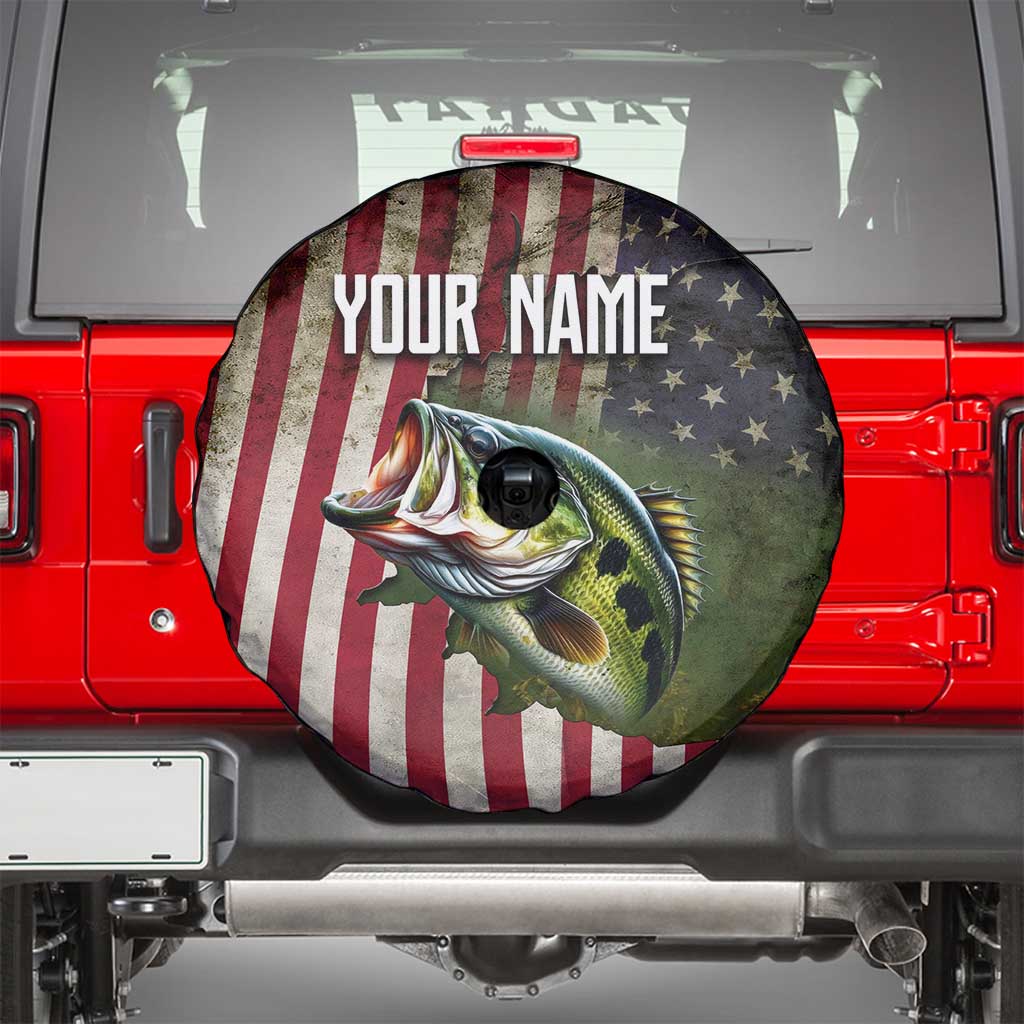 American Flag Largemouth Bass Fishing Spare Tire Cover Jumping Fish Graphic and Custom Name Design - Wonder Print Shop