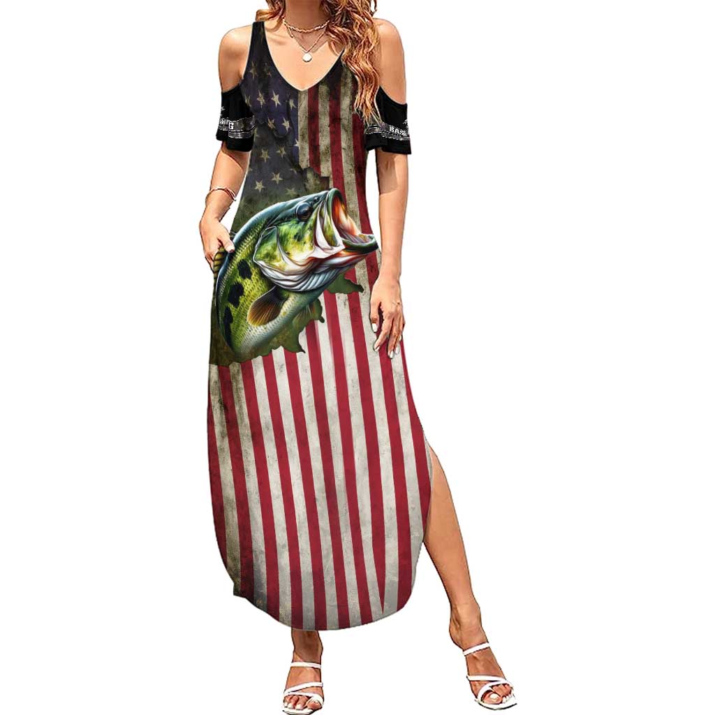 American Flag Largemouth Bass Fishing Summer Maxi Dress Jumping Fish Graphic and Custom Name Design - Wonder Print Shop