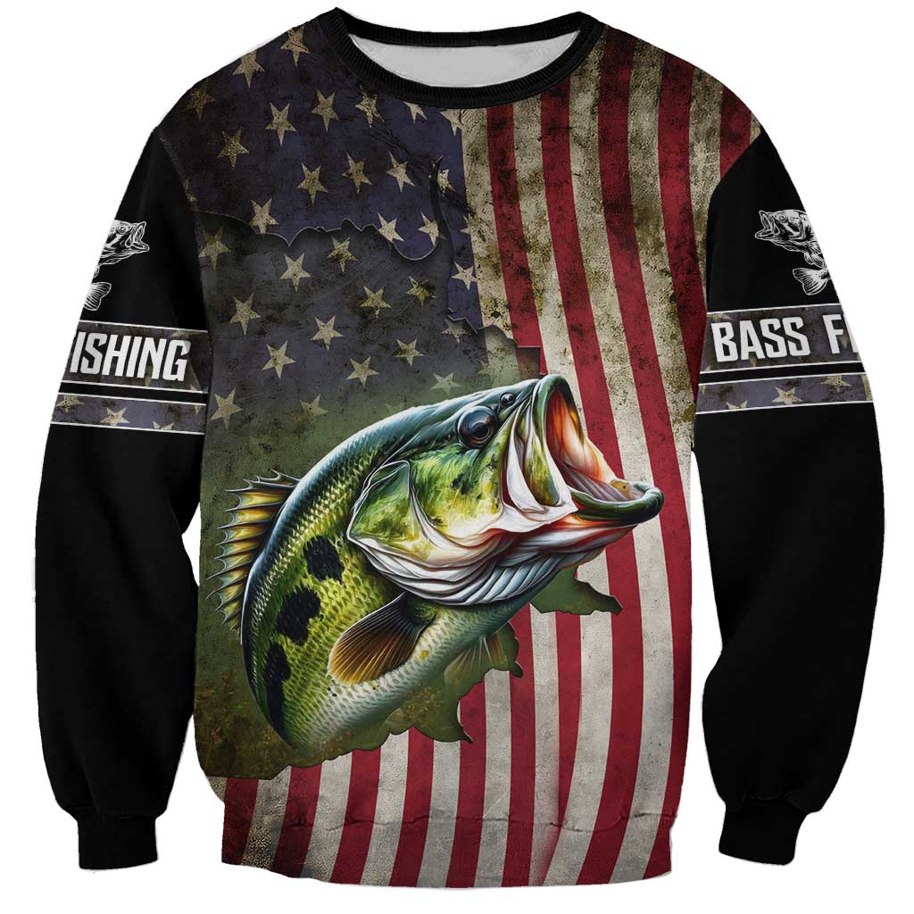 American Flag Largemouth Bass Fishing Sweatshirt Jumping Fish Graphic and Custom Name Design - Wonder Print Shop