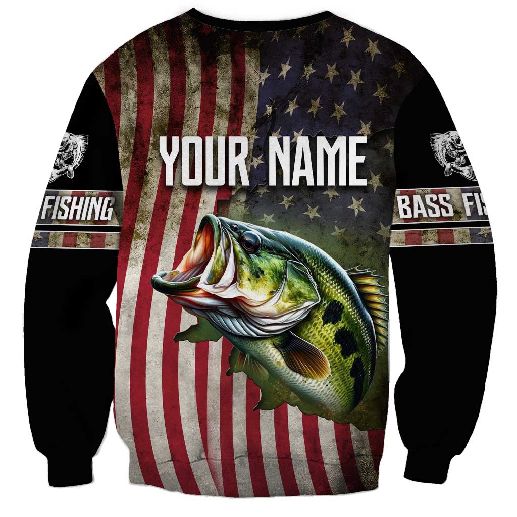 American Flag Largemouth Bass Fishing Sweatshirt Jumping Fish Graphic and Custom Name Design - Wonder Print Shop