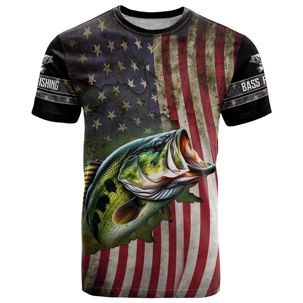 American Flag Largemouth Bass Fishing T Shirt Jumping Fish Graphic and Custom Name Design - Wonder Print Shop