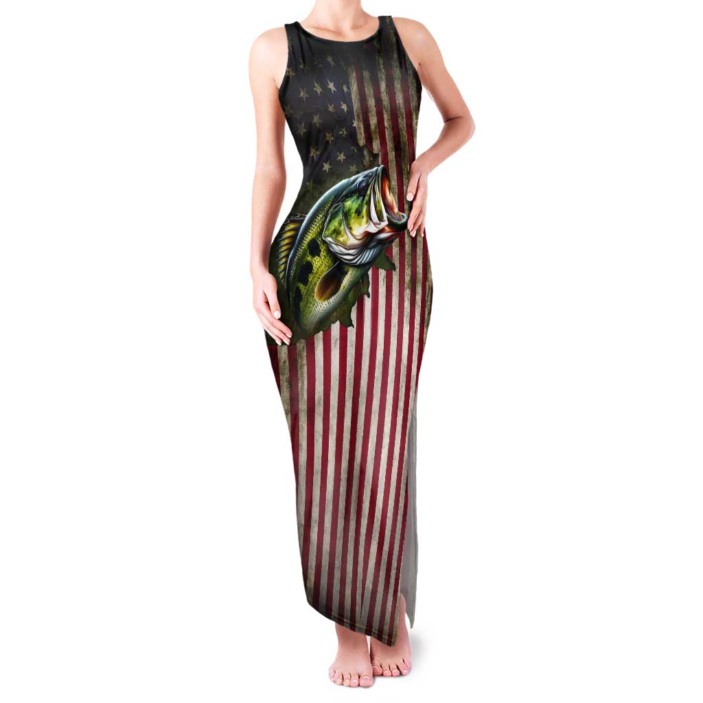 American Flag Largemouth Bass Fishing Tank Maxi Dress Jumping Fish Graphic and Custom Name Design - Wonder Print Shop
