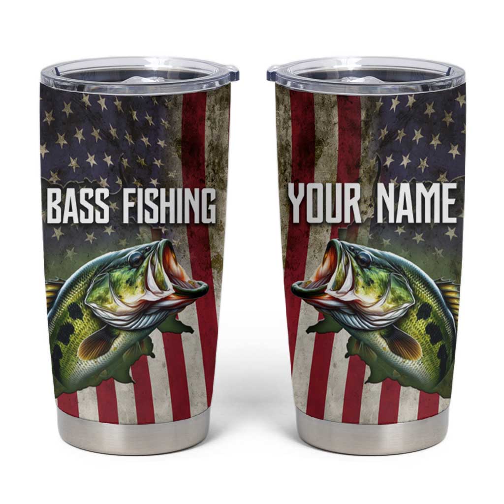 American Flag Largemouth Bass Fishing Tumbler Cup Jumping Fish Graphic and Custom Name Design - Wonder Print Shop