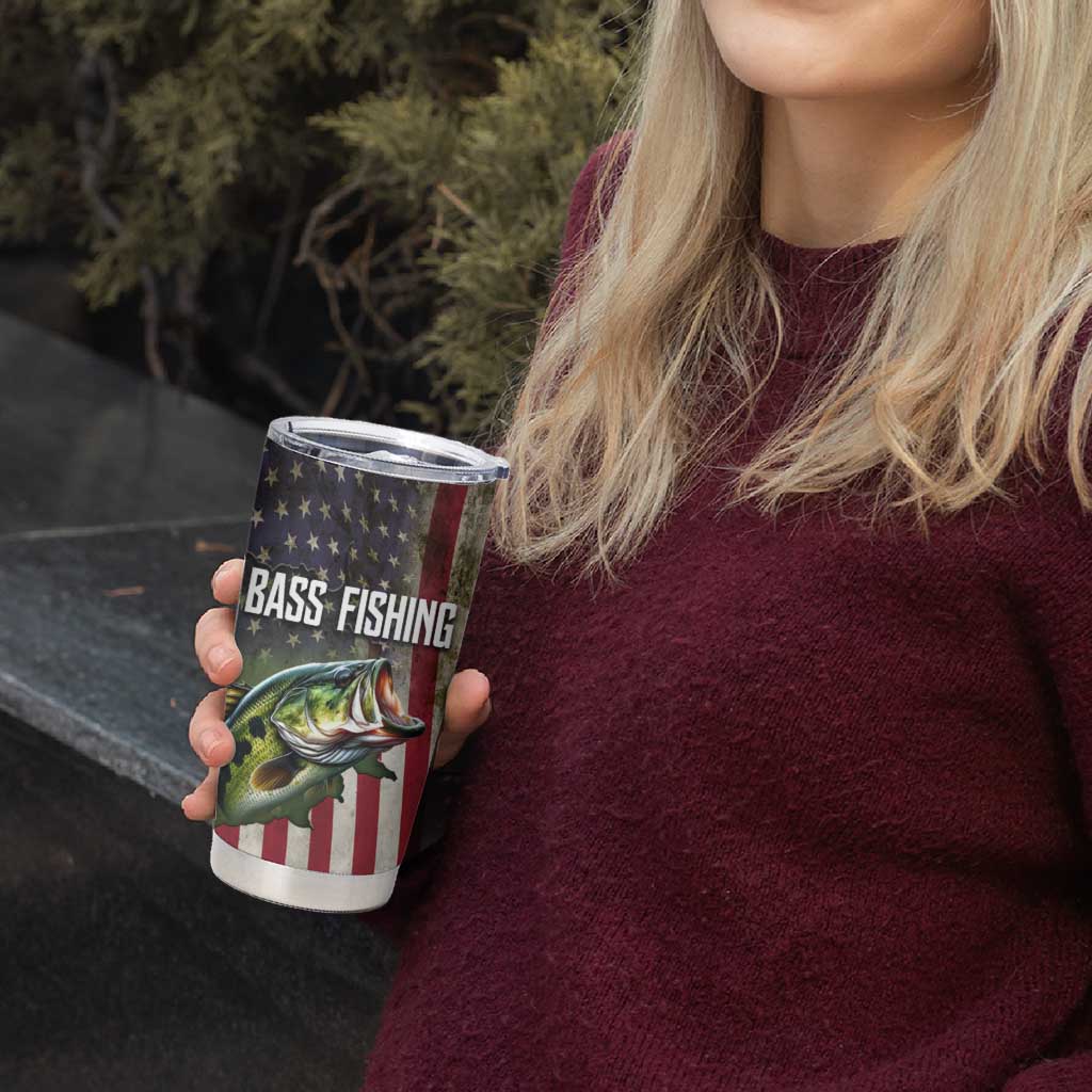 American Flag Largemouth Bass Fishing Tumbler Cup Jumping Fish Graphic and Custom Name Design - Wonder Print Shop